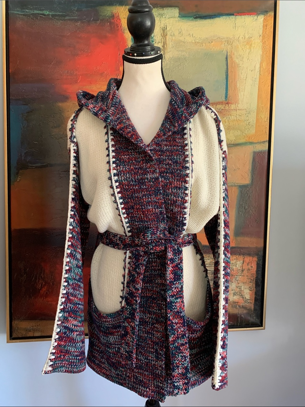 Vintage Hand Loomed Knit Hooded Cardigan with Belt, Sz L